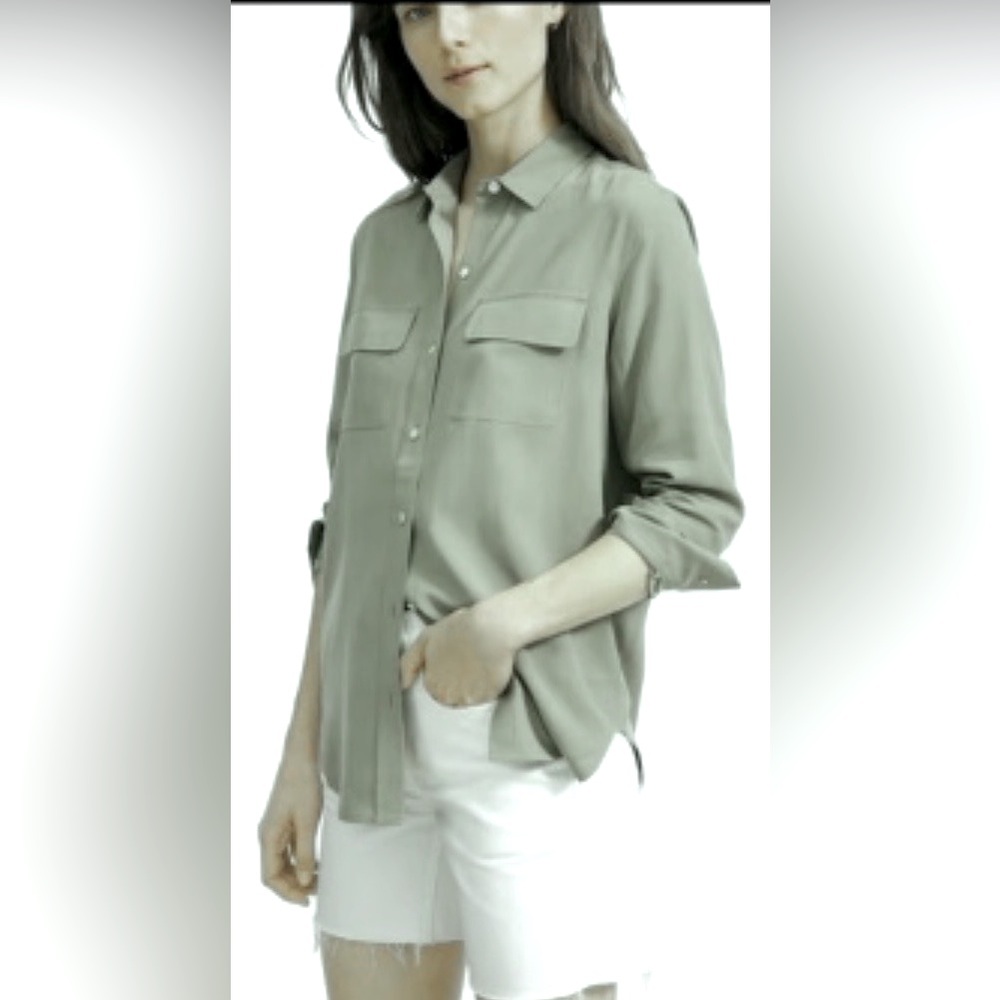 Everlane Sage Green Button Down Blouse Flap Chest Pockets All Silk Size M
